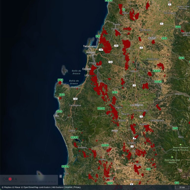OroraTech's tweet photo. #Wildfires in #Chile have left devastating scars on landscapes, burning over 430,000 hectares of forest. 🔥 The red zones on the image below are the burnt areas over Chile on Feb 28. Our new Burnt Area feature helps assess the damage, track recovery, &amp; mitigate future risks. 🌎🛰️ https://t.co/cKrvYaxaZ9