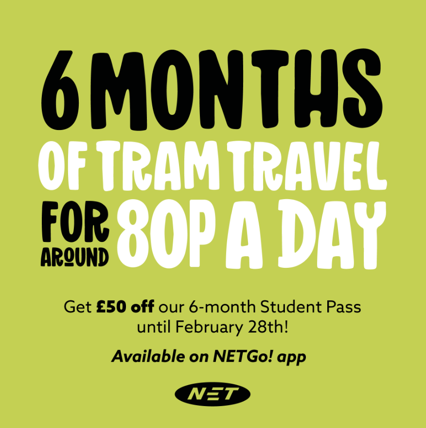 NETTram's tweet photo. Today is THE LAST DAY our incredible student offer is live!
We’ve been offering students £50 off a 6 month student pass, making it just £170! 🎉
It’s a great saving, so don’t miss out.
#nettram #nottingham #students #student offer https://t.co/DkHLoy9Usz