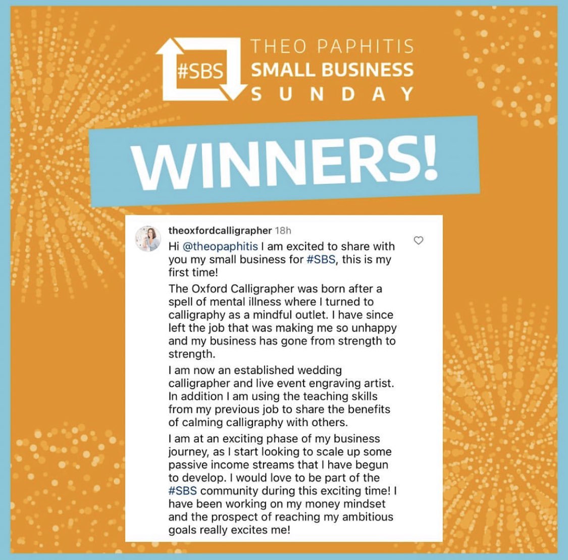 This exciting thing happened last night! I have become a #SBSwinner and am really looking forward to being part of the #SBS community! Thank you @TheoPaphitis and @TheSBS_Crew 

See you at 8.30!