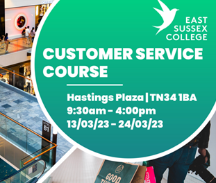 Want to kickstart a career in customer service? 

East Sussex College are offering a free 2 week course to gain a Level 2 Customer Service qualification at their Hastings Plaza Campus! 

Send an email to employability@escg.ac.uk for more info! #LearnNewSkills