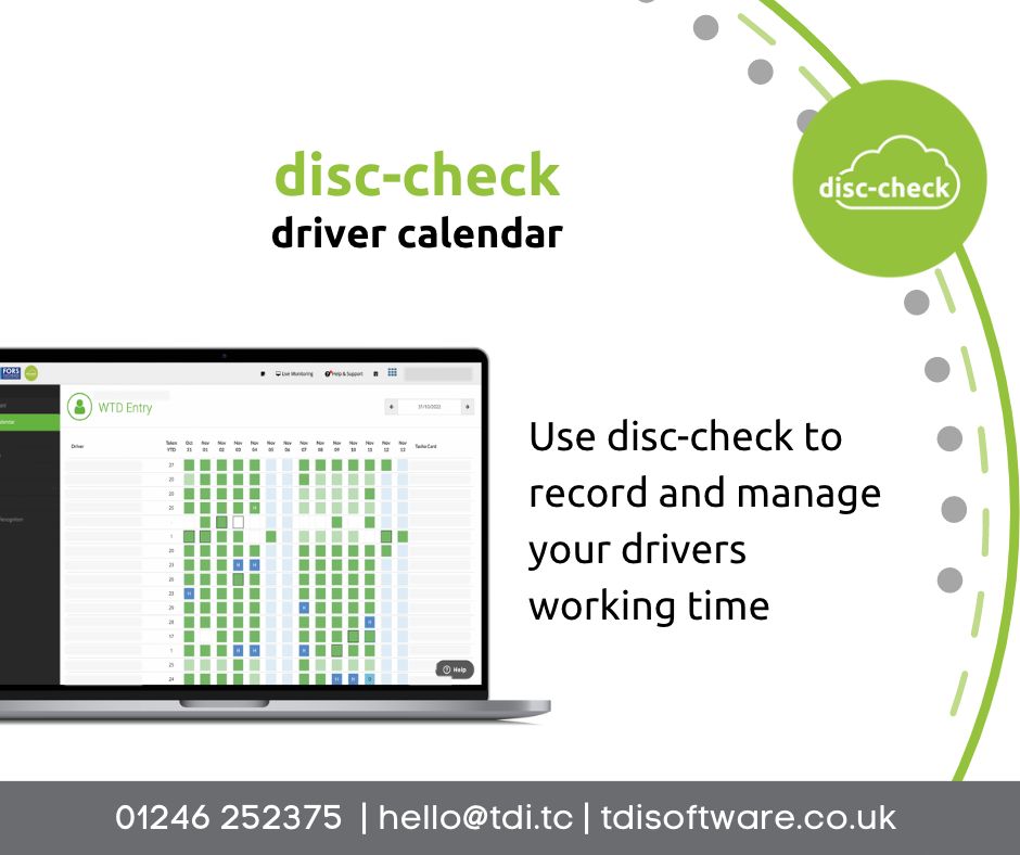 TDiSoftware's tweet image. Manage and view drivers working time directive quickly and easily with disc-check&apos;s driver calendar feature. We make it simple to add holidays, sick leave and other work in just a few clicks. 
To find out more head to bit.ly/3EDJwYD
#WorkingTime #DriverHours #Compliance