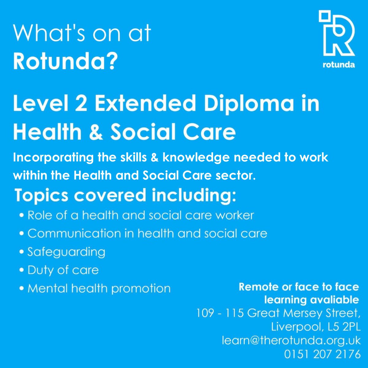 RotundaLtd's tweet image. NEW FREE Extended Diploma in Health &amp;amp; Social Care*
Fast path into a career in Health &amp;amp; Social Care

FLEXIBLE SUPPORTIVE LEARNING
☎️01512072176

APPLY ONLINE TODAY:
therotunda.org.uk/course-schedule
*T&amp;amp;C apply
#AdultEducationMatters #education #CareCourse #freecourse  #Liverpool #liverpool