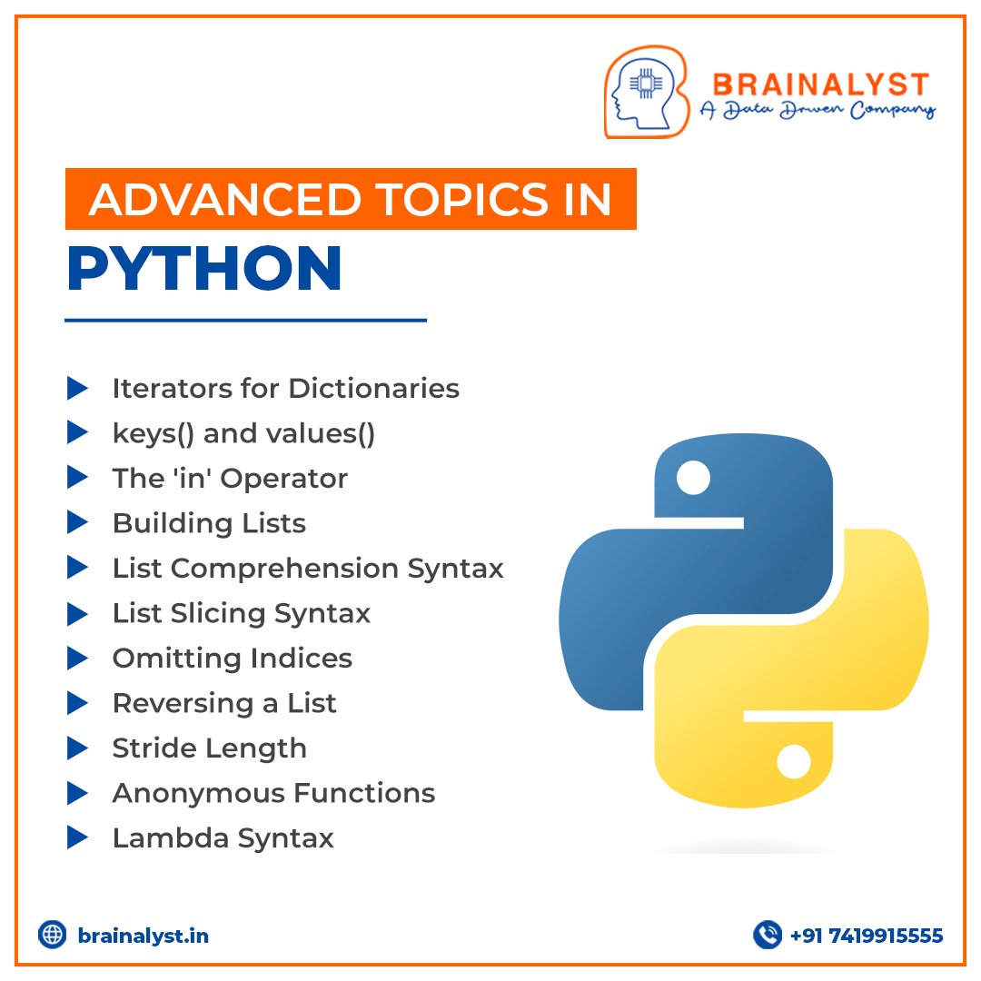 Brainalystindia's tweet photo. Advanced Python refers to the more complex and advanced features of the Python programming language.
#python #datascience #dataanalysis #dataprivacy #datasecurity #machinelearning #deeplearning #programming #programminglanguage #AdvancedPython #AI #cloudcomputing #BigData https://t.co/L3LmSP2NPz