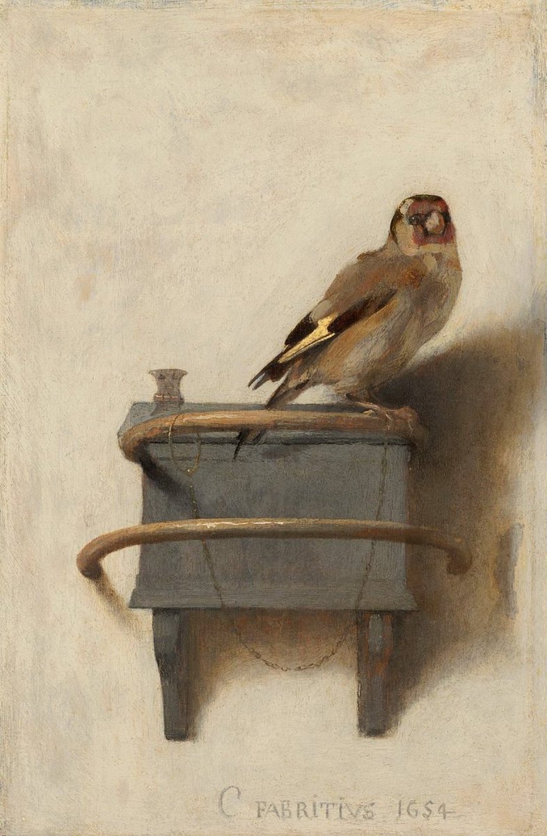 Chained forever to its perch, the goldfinch, painted by Carel Fabritius in 1654. He was killed by a munitions explosion later that year. Today is his birthday.<a href="/CumbernauldAcad/">Cumbernauld Academy</a>