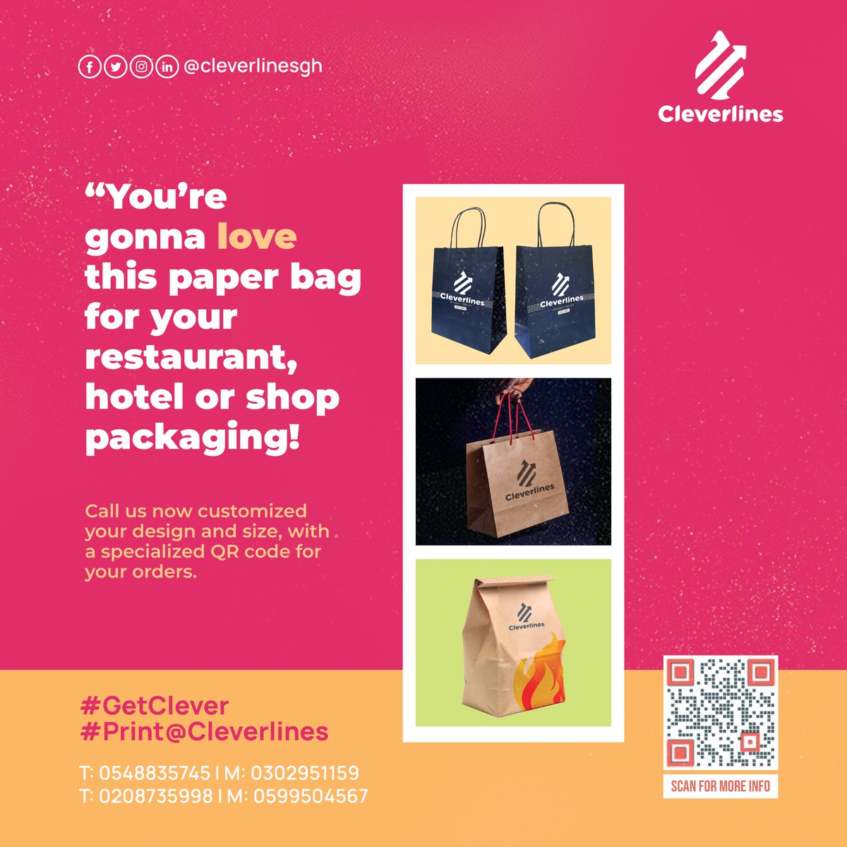 CleverLines3's tweet photo. You’re gonna love this paper bag for your restaurant, hotel or shop packaging.

Call us now customize your design and size, with a specialized QR code for your orders.

#GetClever
#Branding
#packaging
#printing
#brand
#printing
#branding
#PrintAtCleverlines
#AlphaHour https://t.co/i0cvgYsdXR