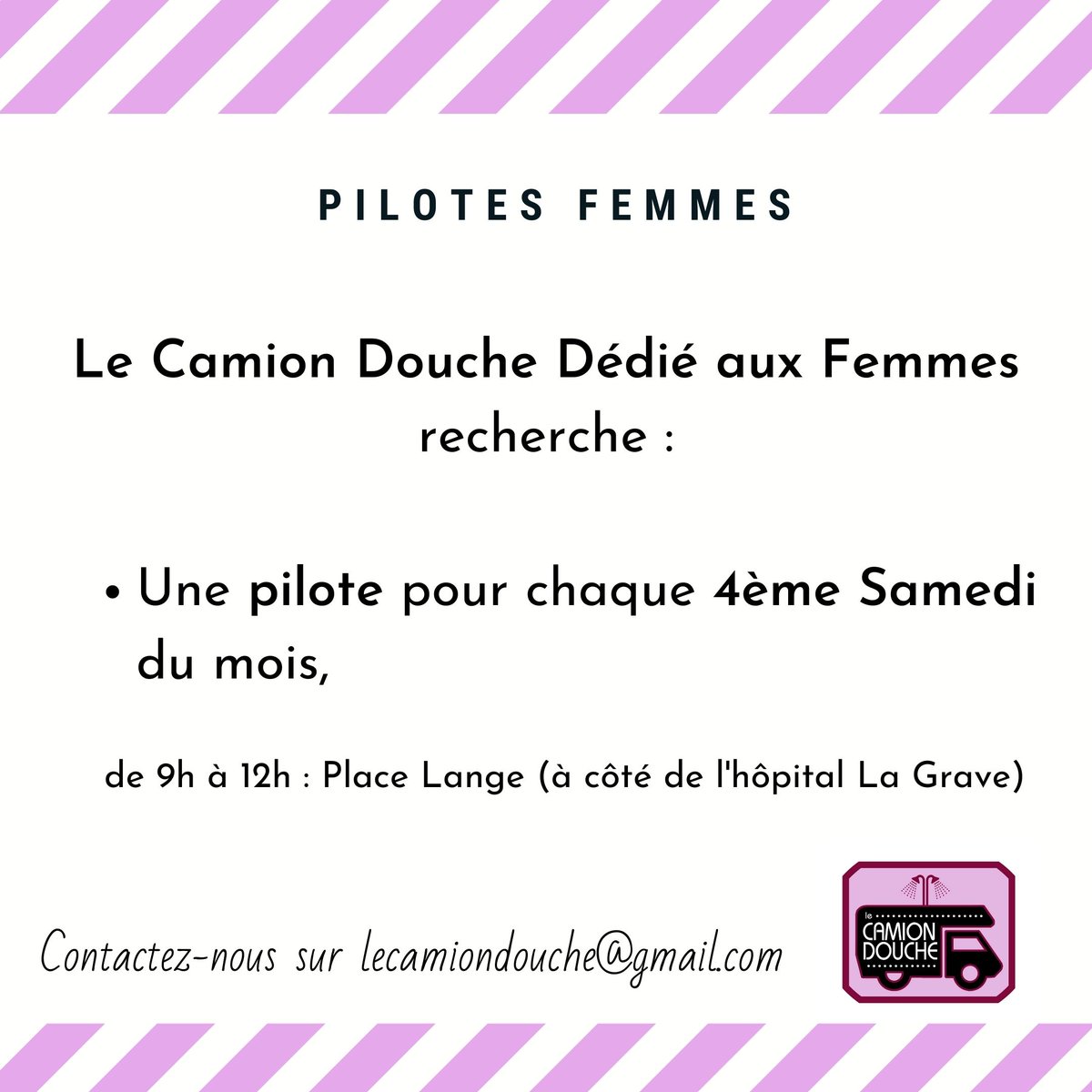 Le Camion Douche recherche une pilote pour chaque 4ème Samedi du mois 🙋‍♀️

de 9h à 12h, Place Lange (à coté de l'hôpital La Grave).

N'hésitez pas à en parler autour de vous.