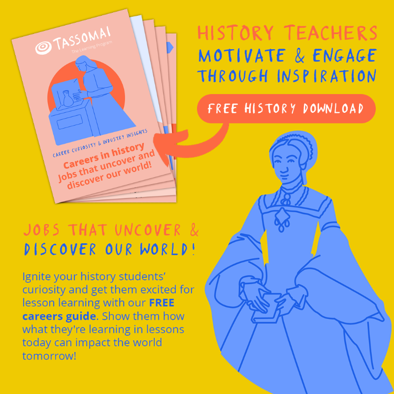 Tassomai's tweet photo. History teachers, motivate your students to achieve top grades in their GCSEs by shining a light on the life-changing careers available in history with our History Careers Guide.