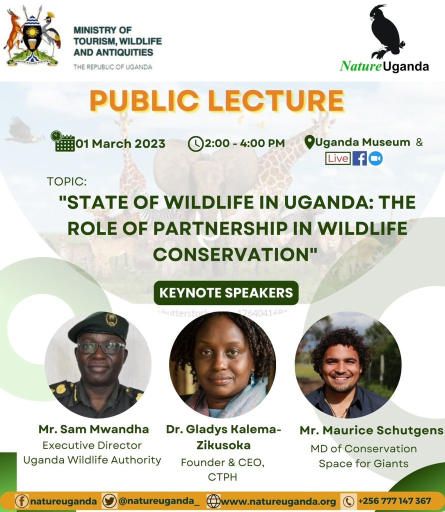 Join us tomorrow as we talk about the state of  wildlife in Uganda, and the role of partnership in wildlife #conservation. 

🕰️ 2PM - 4PM (GMT+3)
🗓️ 01/03/2023
📍 Uganda Museum / Online
