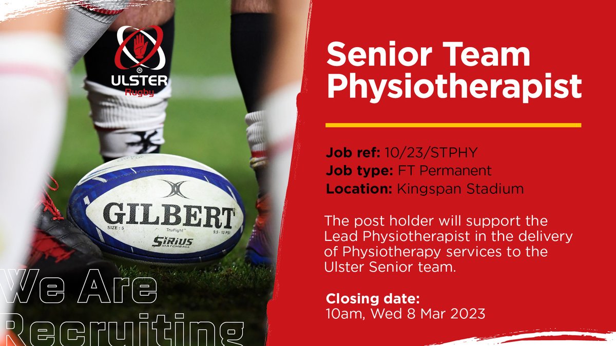𝙎𝙚𝙣𝙞𝙤𝙧 𝙋𝙝𝙮𝙨𝙞𝙤𝙩𝙝𝙚𝙧𝙖𝙥𝙞𝙨𝙩 🤕 🩺 

Ulster Rugby are currently inviting applications for the post of Senior Team Physiotherapist.

🚨 Deadline is 10am on Wed 8 March. 

For more info and how to apply ⤵️ 
ulsterrugby.getgotjobs.co.uk/registerJob/ce…