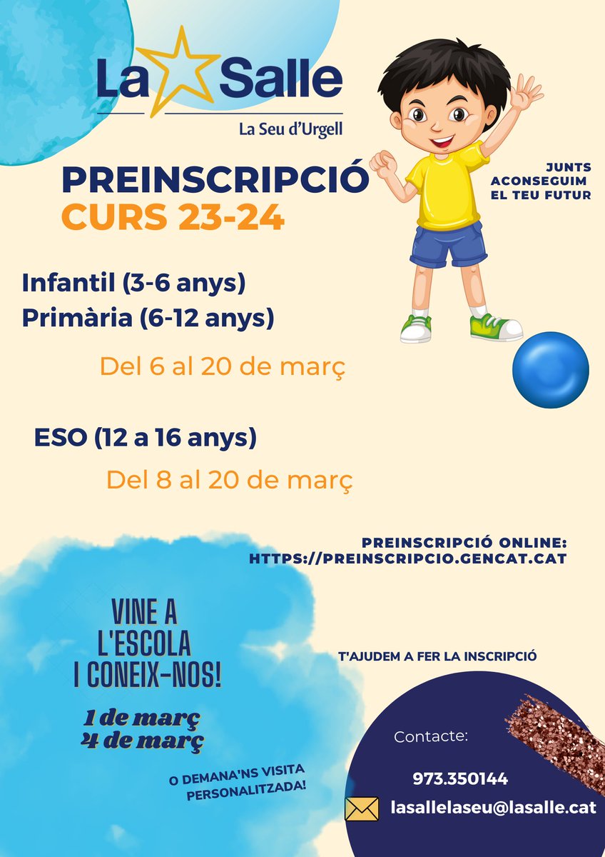 LaSalleLaSeu's tweet photo. ⚠️PREINSCRIPCIÓ 23-24
🖍️Ed. Infantil
🖍️Ed. Primària
🖍️Ed. Secundària
⏰del 6 al 20 de març
#laSallelaSeu https://t.co/STQgPVh69d