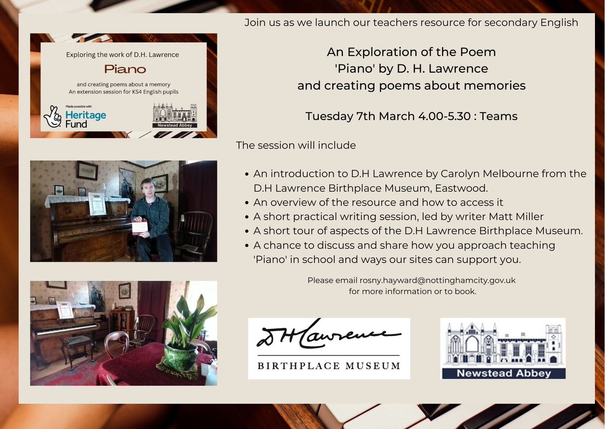 NCMGlearning's tweet image. We would like to invite you to a teachers CPD event for SECONDARY to launch our resource

An Exploration of the Poem ‘Piano' by D. H. Lawrence and creating poems about memories:

Tuesday 7th  March 4.00-5.30 : Teams

To book email : rosny.hayward@nottinghamcity.gov.uk