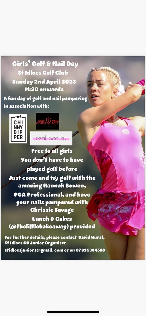 FREE GIRLS GOLF PAMPER DAY! at @stidloesgolfclub on Sunday 2nd April at 11:30am In association with: @walesgolf @chinnydipper Real Beauty Chrissie Savage 💅 @thelittlebakeaway I am running the golf coaching Beginners welcome!! Contact: 07825334580 stidloesjuniors@gmail.com