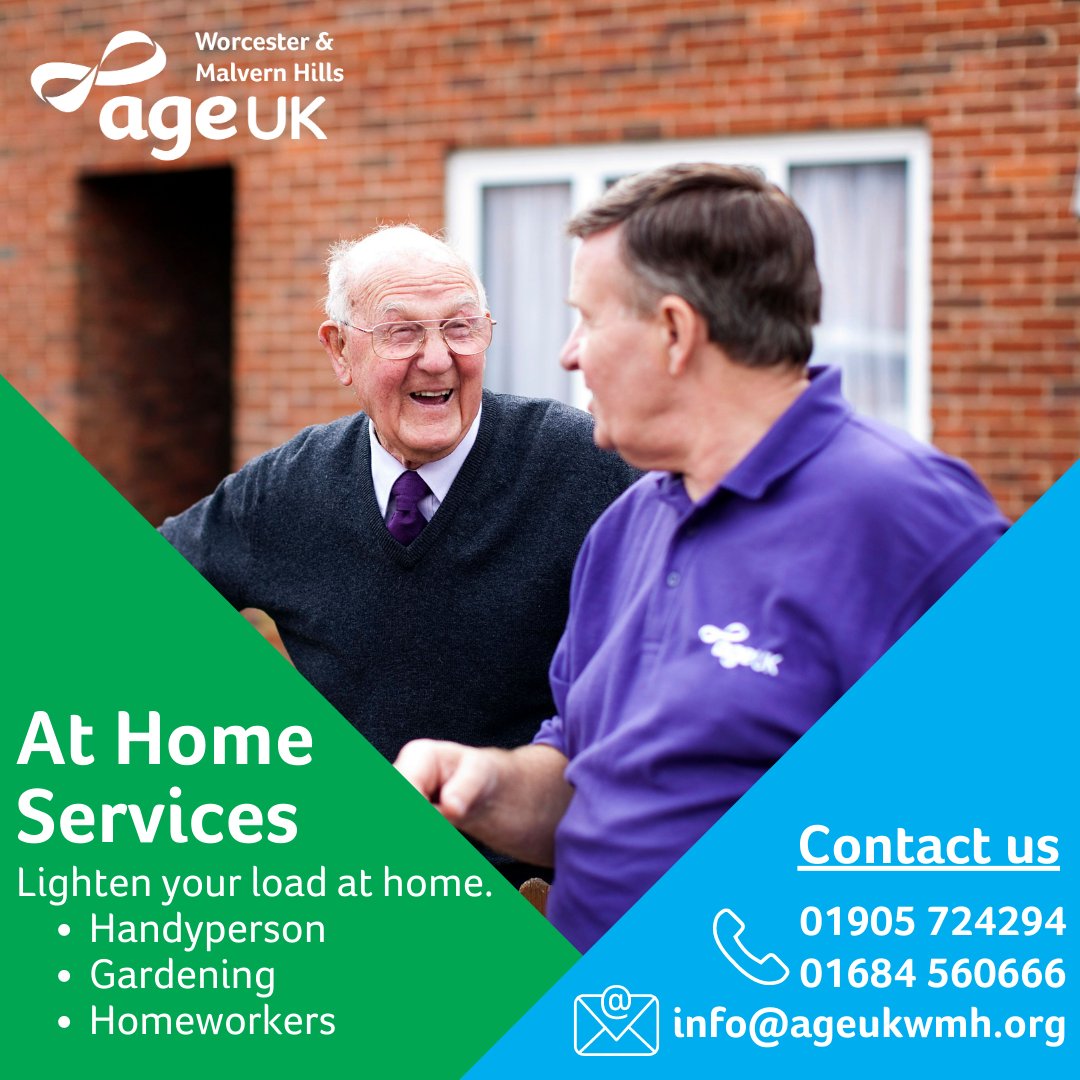 AgeUKWyvern's tweet photo. Our at home services our ideal for over 50s who need a little helping hand around the home.
We offer flexible, low-cost services to work around your needs.
π 01905 724294 | 01684 560666
π» https://t.co/sbl84cVo81
#WorcestershireHour #MalvernHillsHour #helpathome #TuesdayTip https://t.co/jBLASW8HEO