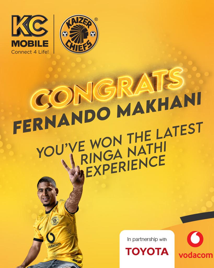 KaizerChiefs's tweet photo. Congratulations to Fernando Makhani for being the latest winner of the @Vodacom #RingaNathi Experience

To stand a chance to win the next #RingaNathi Experience and an entry to the grand prize draw of a 
@ToyotaSA Corolla Cross XS at the end of the season...

#KCMToyotaGiveaway https://t.co/ad9tTZeBQK
