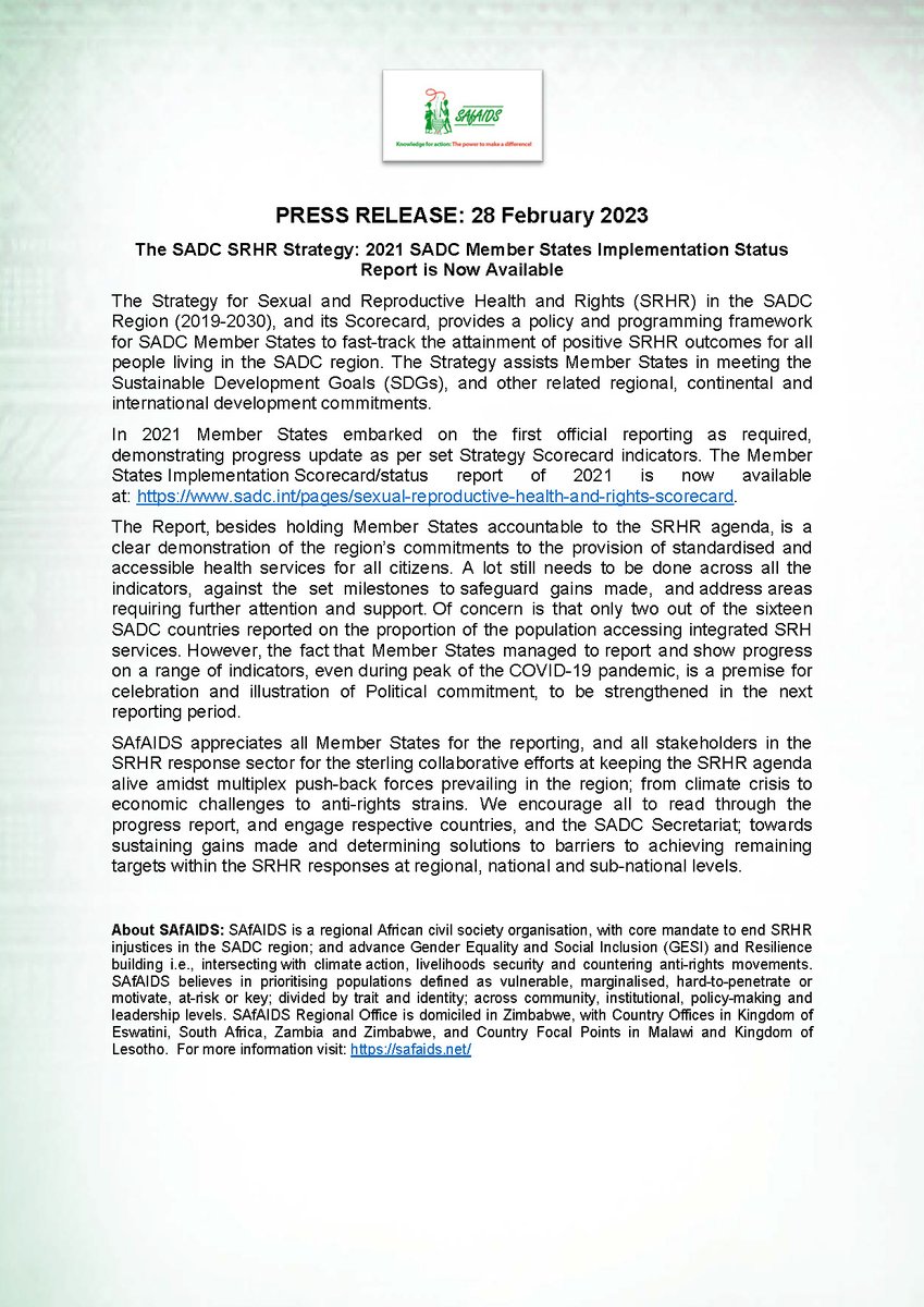 Press Release 28 February 2023 “The SADC SRHR Strategy: 2021 SADC Member States Implementation Status Report” is Now Available

drive.google.com/file/d/19iEDJx…