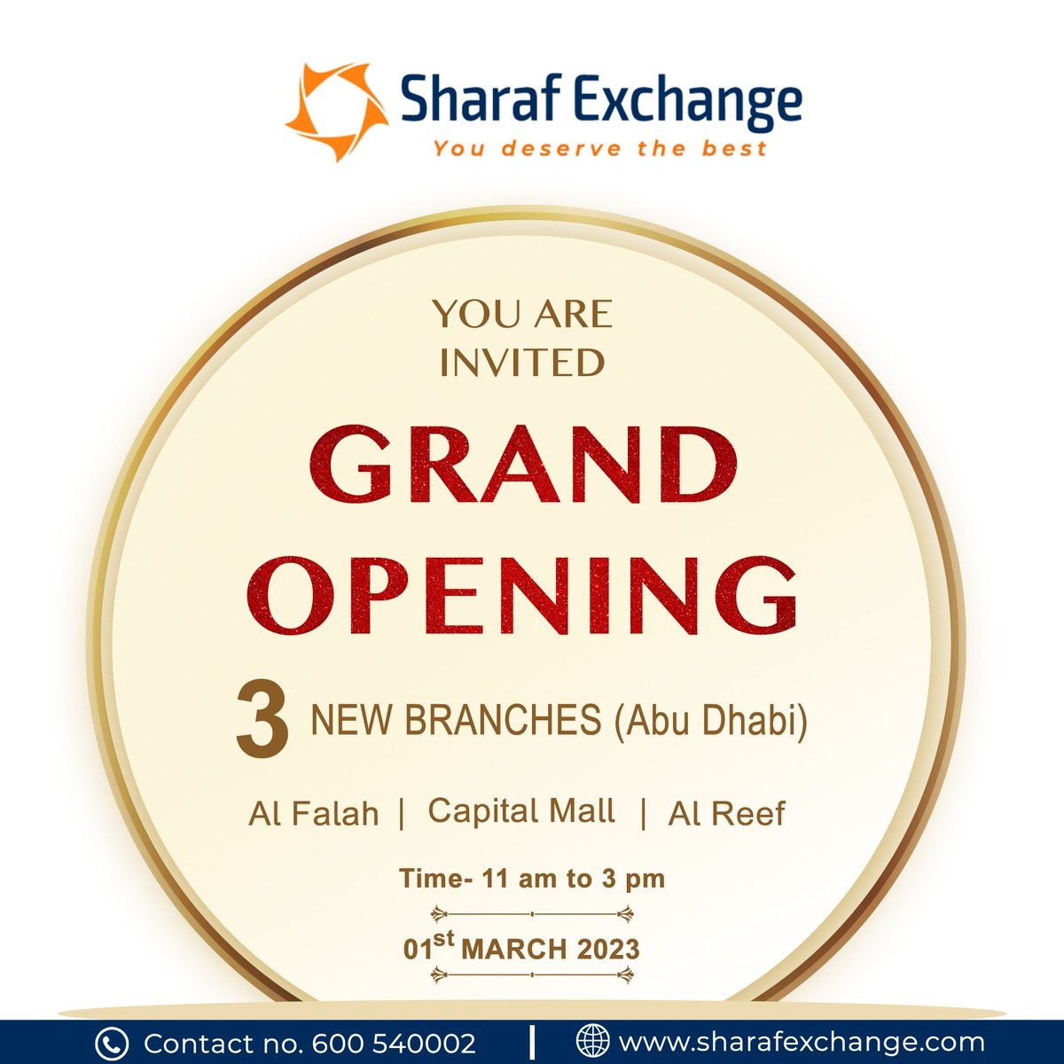 Announcement!!
Three new branches are coming up.

We invite you to visit our new branches 🎉💐

Thank you,
Team Sharaf Exchange ✨
.
#newbranch #branches #SharafExchange #opening #invitation #uaelife #UAENews #currencyexchange #moneytransfer #alfalah #capitalmall #alreef