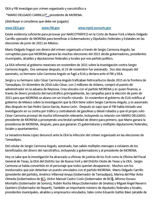 LuisChavarriaE's tweet photo. DEA y FBI investigan por crimen organizado y narcotráfico a
 *MARIO DELGADO CARRILLO* , presidente de MORENA.
(distribuye si consideras que debe ser juzgado) https://t.co/lfjm2qFSpQ