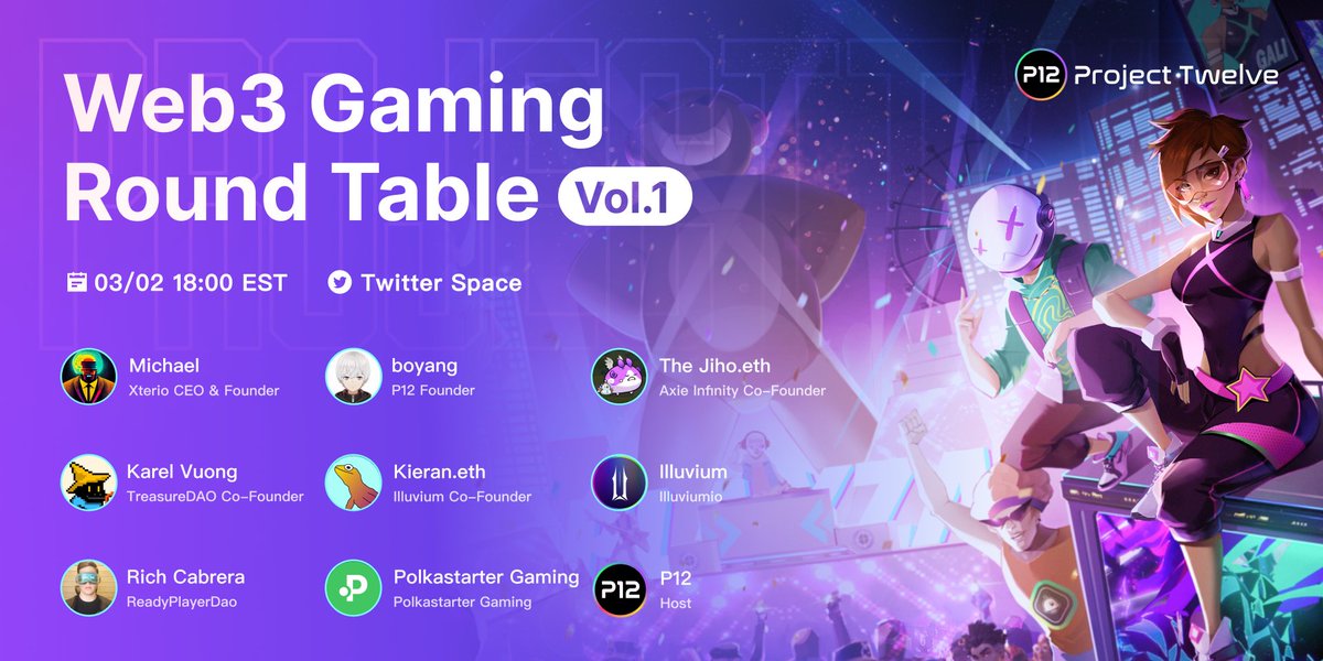 <a href="/Jihoz_Axie/">Jihoz.ron</a> <a href="/AxieInfinity/">Axie Infinity</a> <a href="/0xkarel/">Karel Vuong</a> <a href="/Treasure_DAO/">Treasure</a> <a href="/illuviumio/">Illuvium</a> <a href="/KieranWarwick/">Kieran.eth</a> <a href="/ReadyPlayerRich/">Rich Cabrera</a> @PolkastarterGG P12 Round Table is where we sit down with industrial leaders to talk about 

🟨How they plan to shape Web3 Gaming's future
🟪What gamers want to know most

Together with P12 founder <a href="/b0yan913/">Boyang bio/acc</a> &amp; <a href="/XterioGames/">Xterio</a> CEO Michael, we'll share some most valuable insights.

Tune in!
