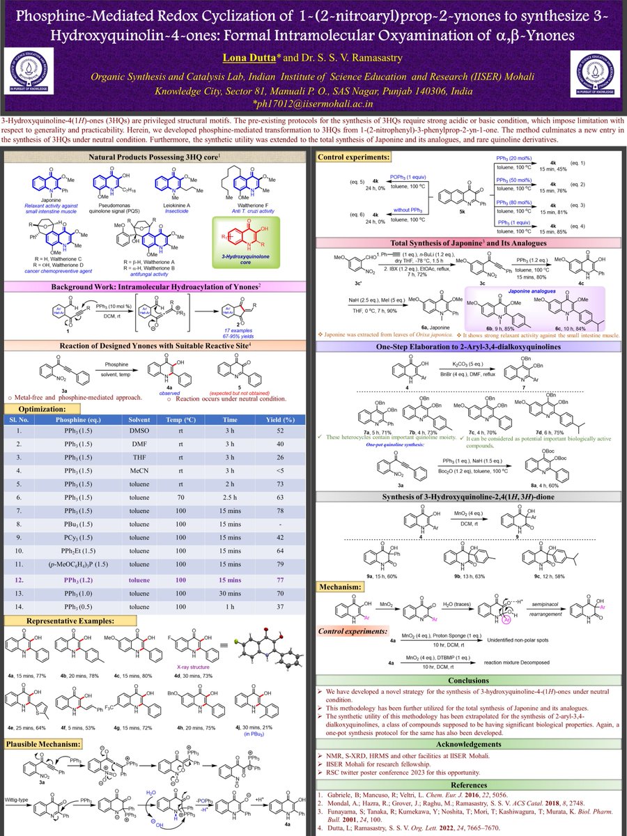 Happy to share our work in #RSCposter Twitter conference 2023 entitled as ''Phosphine-Mediated Redox Cyclization of 1-(2-nitroaryl)prop-2-ynones to synthesize 3-Hydroxyquinolin-4-ones: Formal Intramolecular Oxyamination of alpha,beta-Ynones'' #RSCOrg @RoySocChem #Rscposterlive
