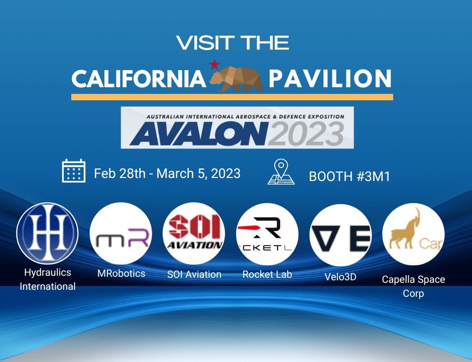 Our California companies are ready for #AVALON2023 Australia!

Swing by Hall 3 Booth No. 3M1, where all six companies will be showcasing their innovative capabilities and are ready to work collaboratively with Australian companies to tackle small to large complex projects!