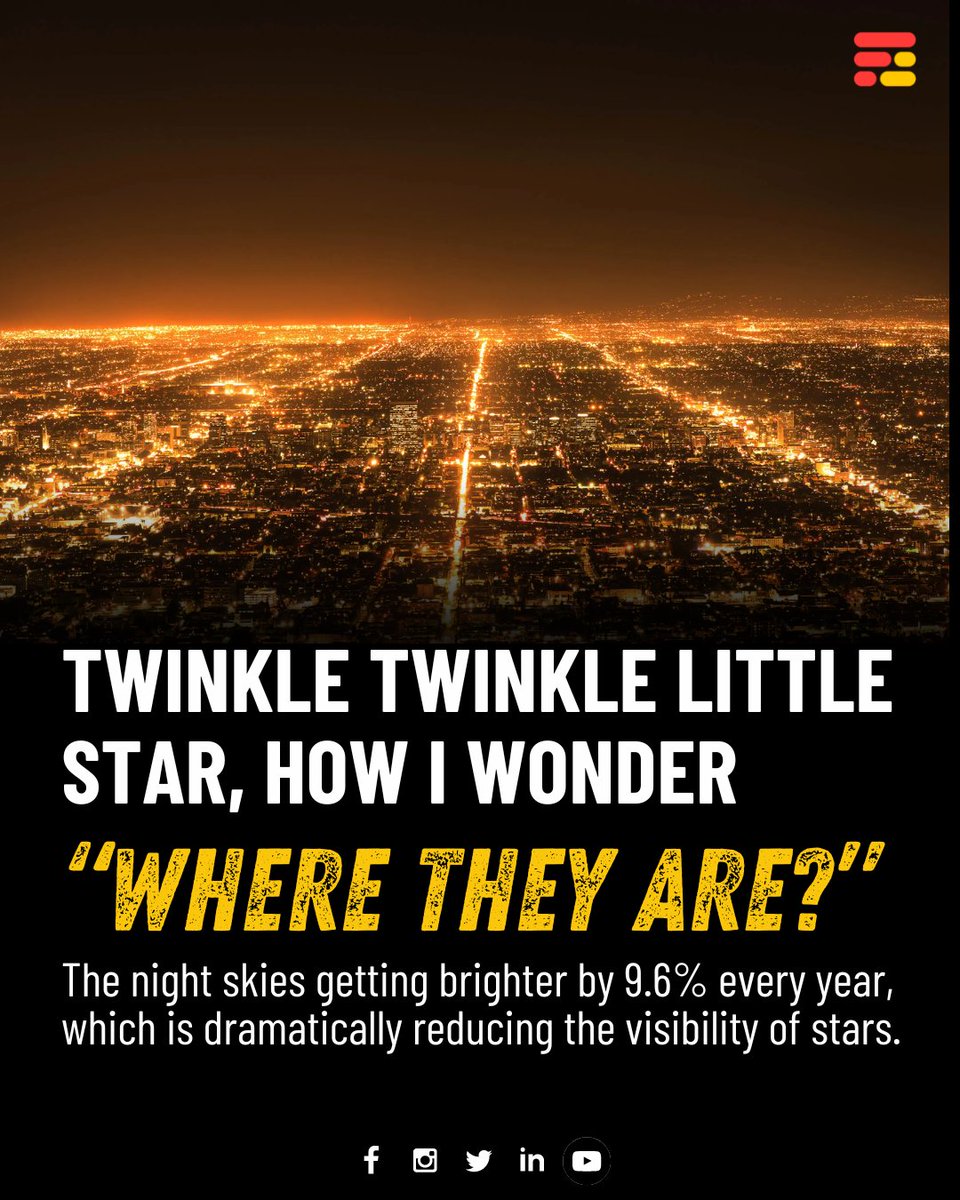 feedmileapp's tweet photo. The loss of the dark sky, due to light pollution, increasing numbers of satellites orbiting Earth, causing the stars to disappear from our visibility.
#feedmile #skylight #nightsky #starsatnight #starsinsky #nightlife #lightpollution #factsnews #facts #city #citylight #citynight https://t.co/o4TGtOTqCS