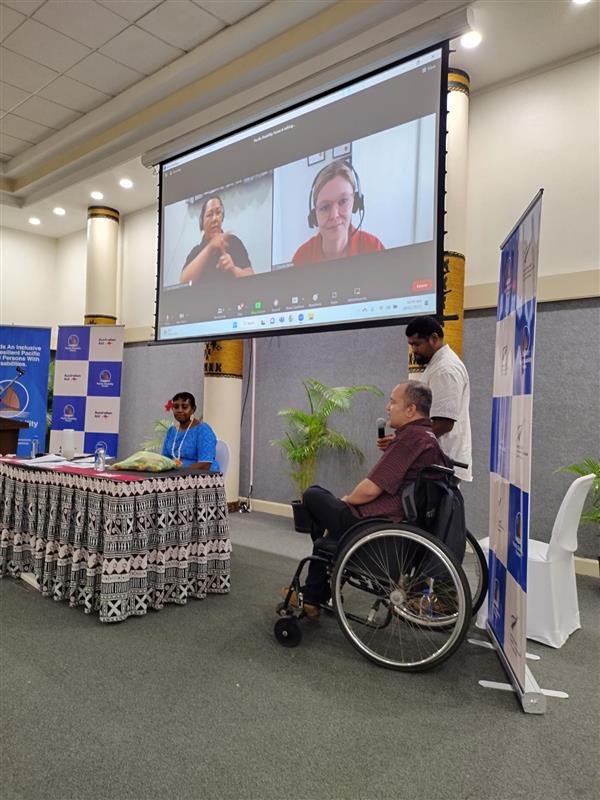 CBMAustralia's tweet photo. Claudia from @CBM_Global's #InclusionAdvisoryGroup dialling in to present on the topic of deficit-based language, changing from ‘intellectual’ to ‘cognitive’ disability at the #7thPacificDisabilityConference Pre-Conference Event @PDFSEC #DisabilityInclusion #MoreInclusiveWorld https://t.co/UQk5WQR03O
