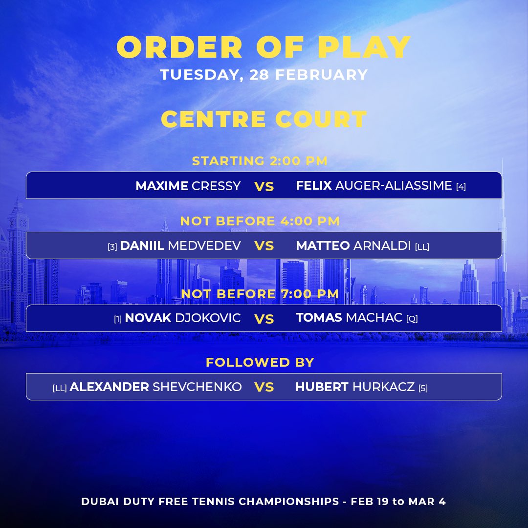 DDFTennis's tweet photo. We can just tell day two of @atptour 500 in Dubai is going to be one to remember! 💥  15 matches 🙌🏻
 Four of top five seeds to feature on Centre Court, including record-breaker Djokovic 🔥 
 Top-seeded pairing of Mektic and Pavic in action 🎾   #DDFTennis #ATP https://t.co/ARXlibtbxU