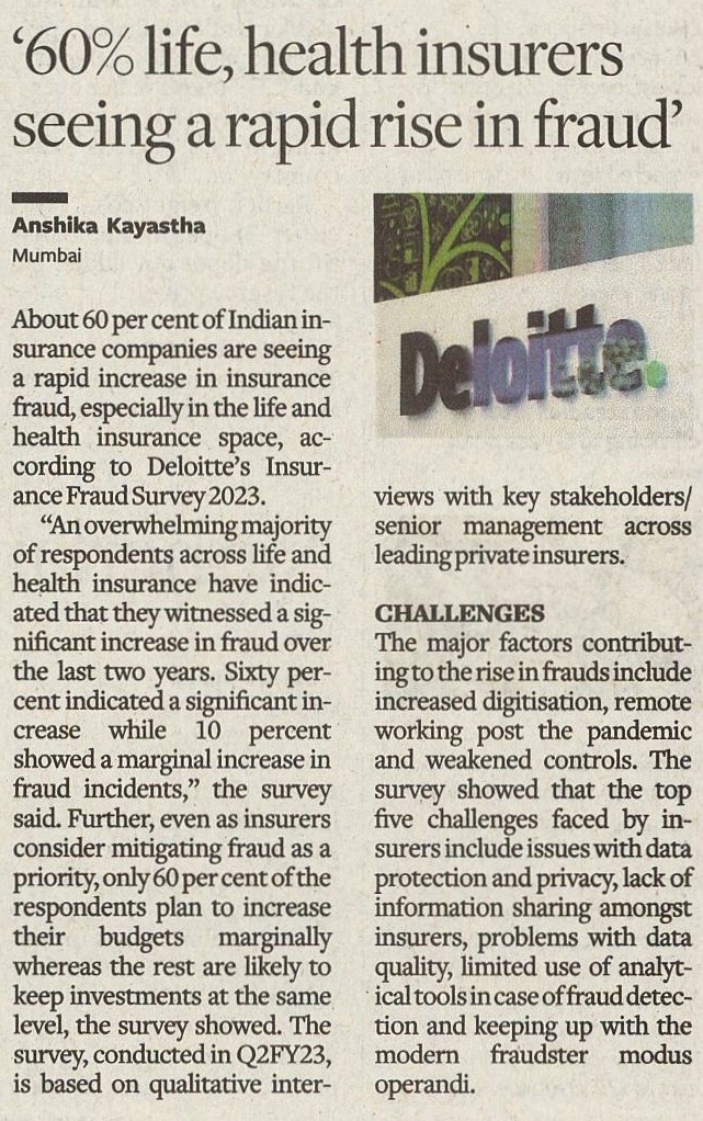 DeloitteIndia's tweet photo. Per Deloitte's latest survey findings, an overwhelming majority of respondents across life and health insurance have indicated a significant spike in fraud over the last two years.
Download now: https://t.co/YGXJnU3mor
@businessline
#InsuranceFrauds #financialservices https://t.co/p7evKvlH1K