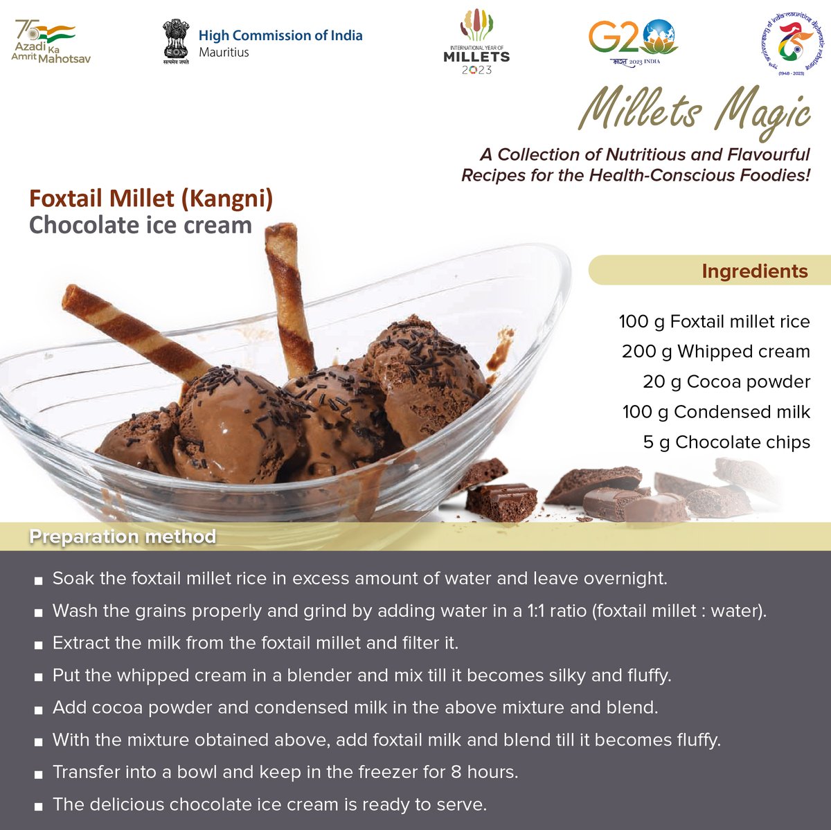HCI_PortLouis's tweet photo. Satisfy your sweet tooth with this delicious and healthy foxtail millet chocolate ice cream!
#MilletRecipes #HealthyEating #RecipeIdeas #MilletsMagic #IYM2023 https://t.co/qbBzPEcfc7