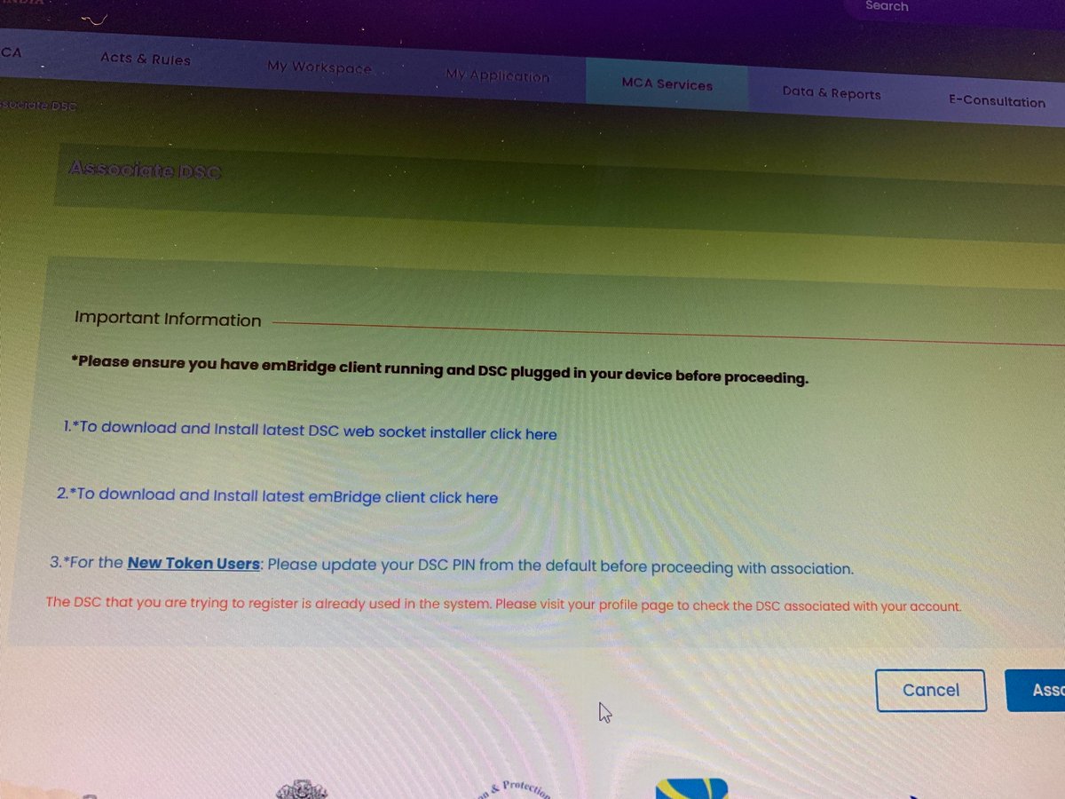 csavadhi's tweet image. Professional DSC is not being associated with account. Profile shows no DSC associated. Changed PIN/password of DSC. Yet not able to attach dsc with account. While uploading form it shows dsc is not associated with respective membership number. @MCA21India @HelpdeskMCA21V3