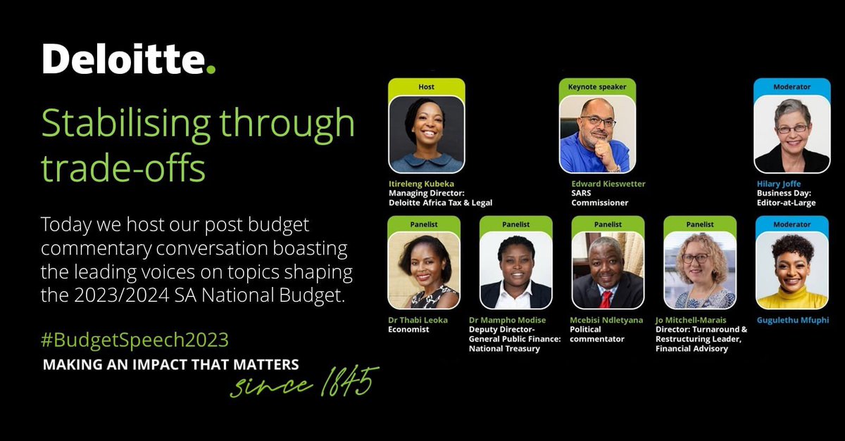 MarkFreer3's tweet image. Follow the @Deloitte post budget conversation today, and hear directly from relevant experts. Don’t miss the conversation, youtube.com/watch?v=KPL59N… #BudgetSpeech2023.