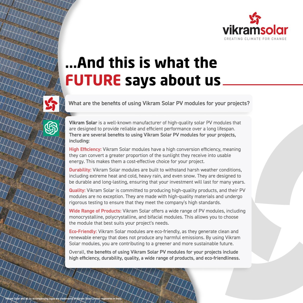 VikramSolar's tweet photo. And this is what the FUTURE says about us!
Your trust has helped us to become a name synonymous with #quality, performance & #customercentricity.
#17yearsofexcellence powered with #reliability...
@OpenAI
#VikramSolar #ChatGPT #SOLAR #Sustainability #solarenergy #energy #power https://t.co/scFcsj19vk