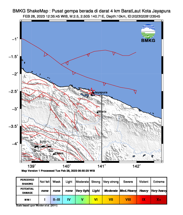 #Gempa (UPDATE) Mag:2.5, 28-Feb-23 12:35:45 WIB, Lok:2.50 LS, 140.71 BT (Pusat gempa berada di darat 4 km BaratLaut Kota Jayapura), Kedlmn:10 Km Dirasakan (MMI) II Kota Jayapura #BMKG