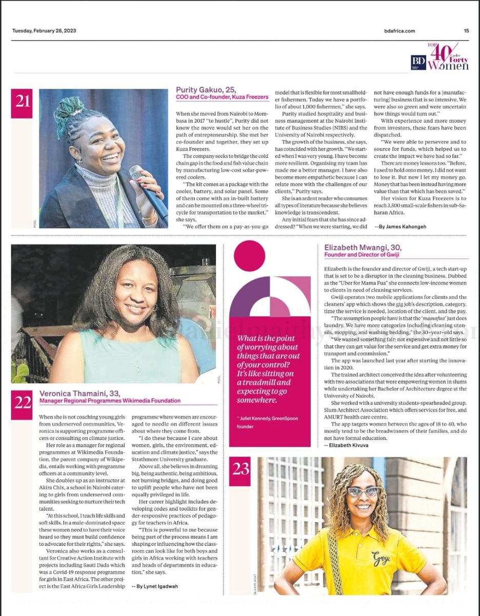 Grab yourself a copy of people daily magazine and see some of the women who are doing exemplary #Top40Under40KE
Top 40 Under 40 Women