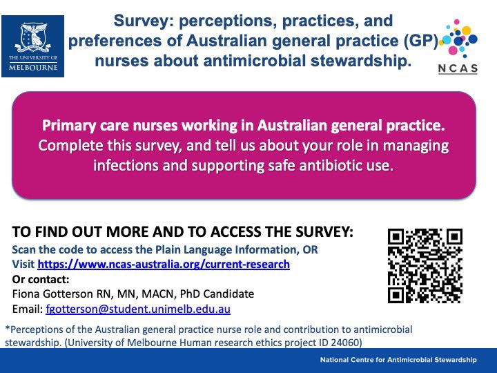 FGotterson's tweet image. Primary health care nurses in Australian GP settings, there’s been lots of talk on antimicrobial resistance today. Help us understand your role in addressing this issue, by taking this survey. Open for a while longer. Scan code below or see ncas-australia.org/current-resear…. Please share!