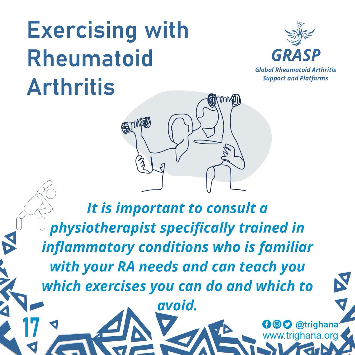 trighana's tweet photo. It is important to consult a physical therapist specifically trained in inflammatory conditions who is familiar with your...
#rheumatoidarthritis 
#rheumatoidarthritisawareness 
#RA
#exercise 
#RAandExercise
#GRASP
#tRi 
#tRi2gether
#keepmoving https://t.co/akCLIdjzmq