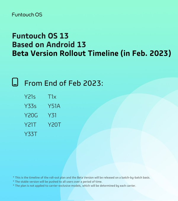 TechTravie's tweet photo. The following models will be upgraded to #FuntouchOS13 based on
#Android13 from the end of February 2023
#vivo #FuntouchOS https://t.co/qj0KK1zR0o