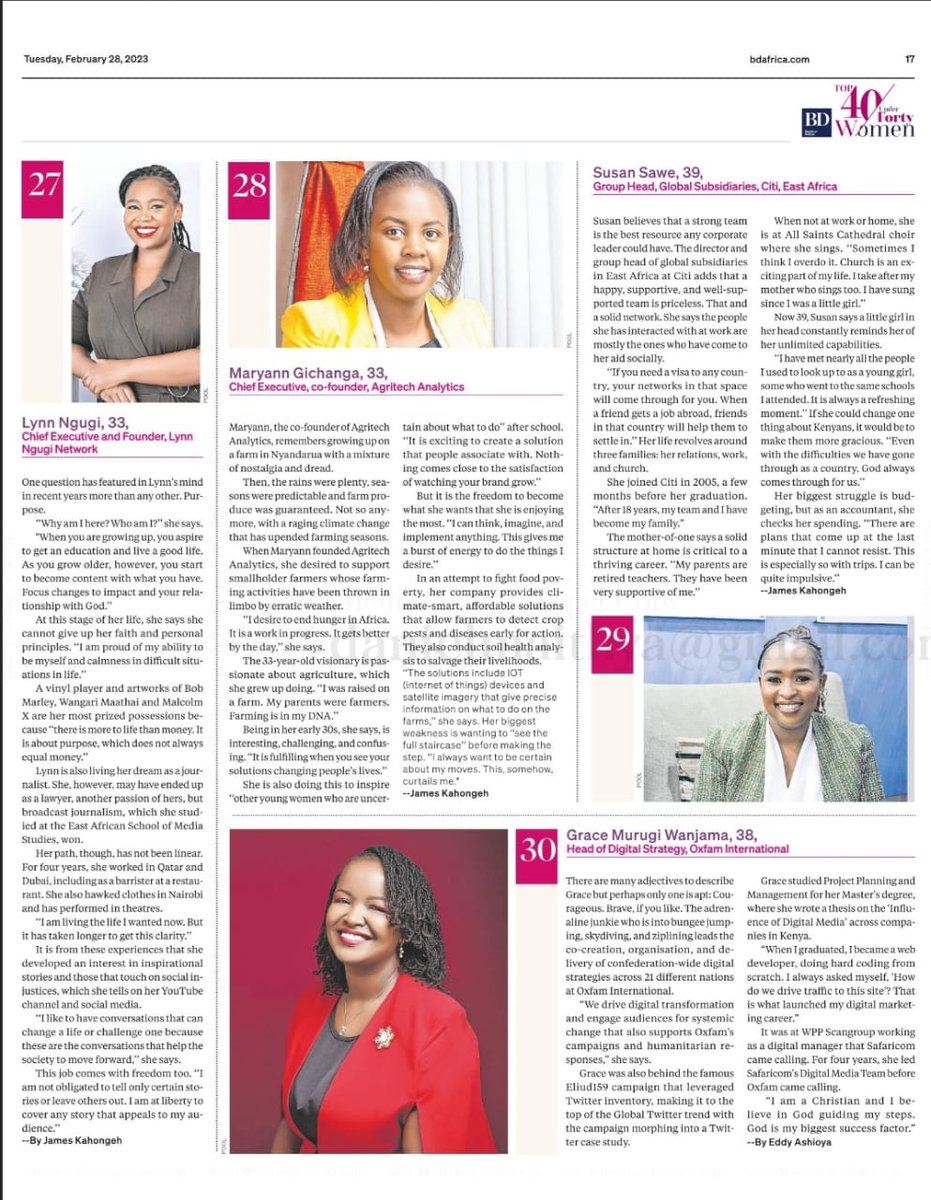 Women are climbing the ladder daily. Do you know any woman who is doing great in the society?
#Top40Under40KE
Top 40 Under 40 Women