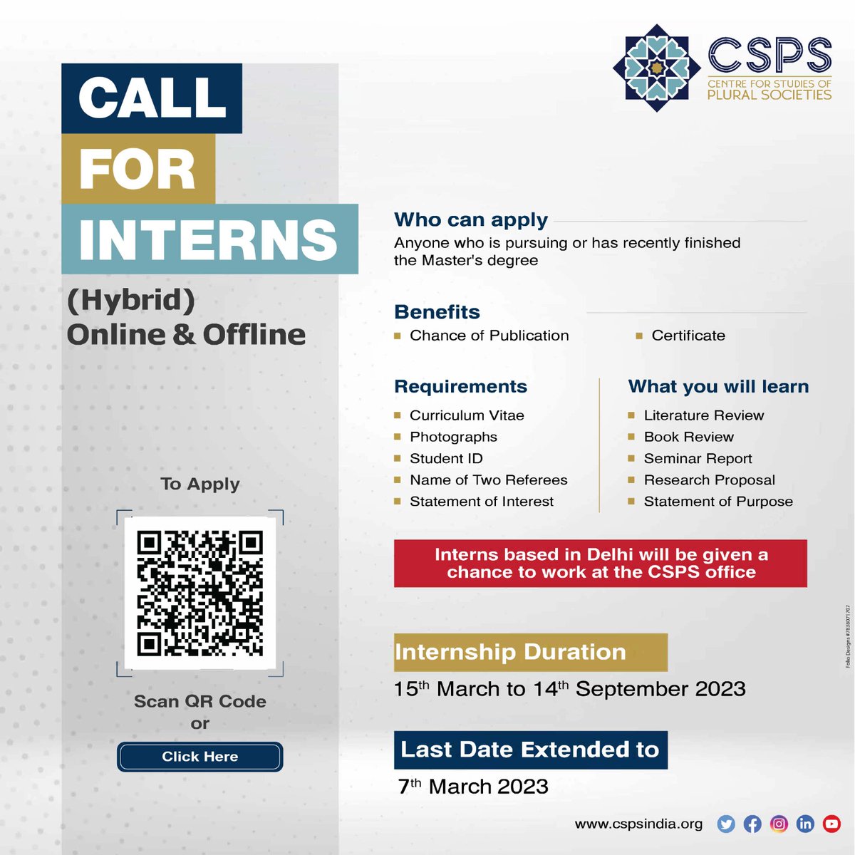 cspsindia's tweet photo. Important Announcement!
The last date has been extended to 7th March.
Apply now https://t.co/SiPSI3kDZF
#cspsindia #callforinterns https://t.co/J8lwkXVgiz