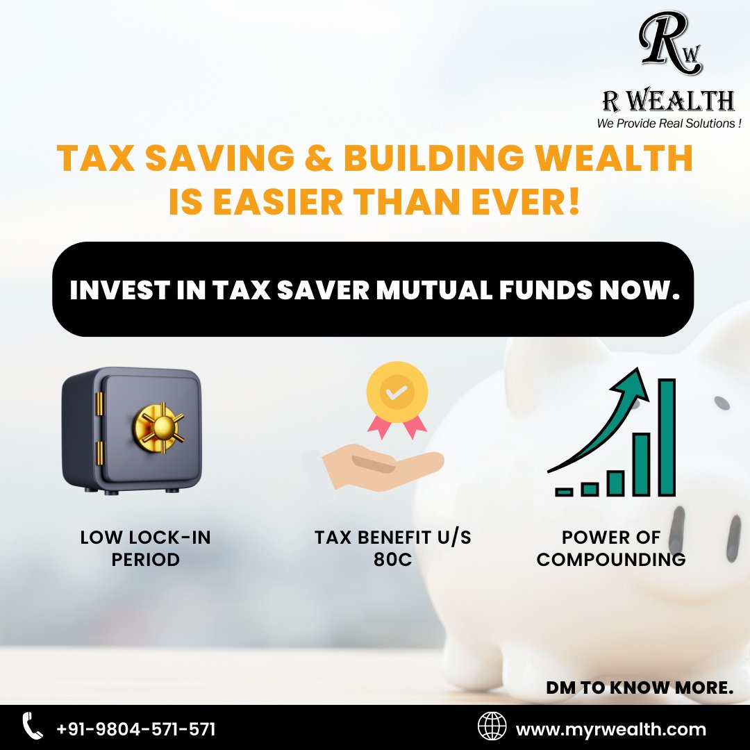 myrwealth's tweet image. Are you ready to save on taxes and build wealth like never before? #Investing in Tax saver #Mutualfunds is now easier than ever with low lock-in periods, tax benefits under #section80c, and the power of compounding! 📈 Start investing today and secure your financial future!