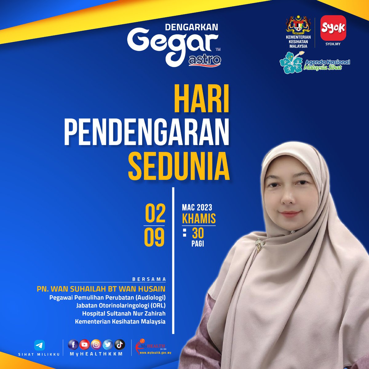 Hari Pendengaran Sedunia.

Dengarkan di Gegarfm esok pada pukul 9.30 pagi bersama Puan Wan Suhailah Wan Husain, Pegawai Pemulihan Perubatan (Audiologi) dari Hospital Sultanah Nur Zahirah.

#ANMS #KekalSihat #sihatmilikku