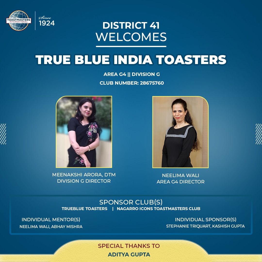 D41Toastmasters's tweet photo. It is time to turn ourselves into the most cheerful cheerleaders and welcome with open arms the newest club in District 41- True Blue India Toasters🥳❤️

Congratulations to Division G Director - Meenakshi Arora, DTM &amp; Area G4 Director - Neelima Wali for laying the foundation 🤩 https://t.co/Wz4ruhjSj4
