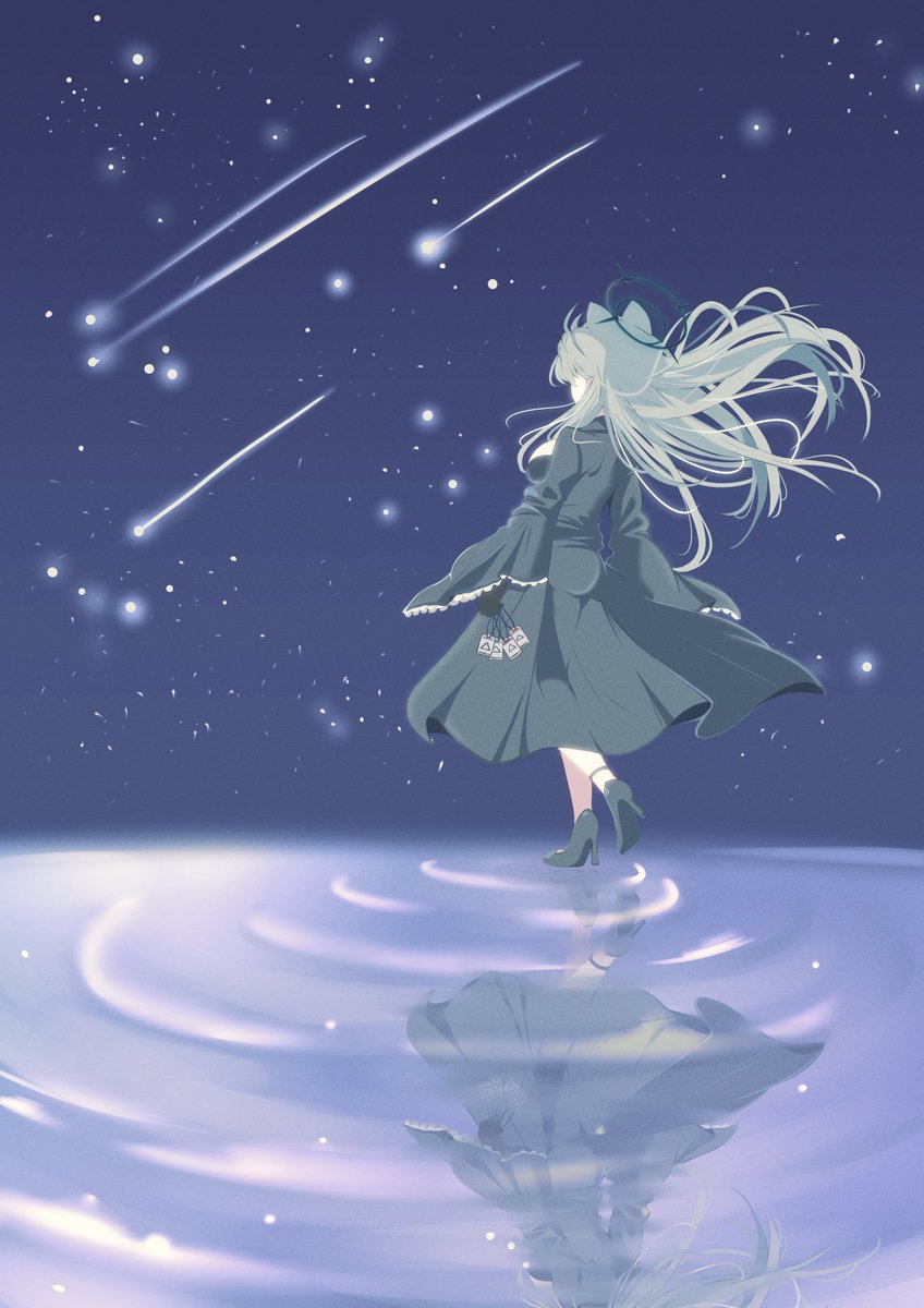 1girl long hair solo reflection star (sky) hat sky  illustration images