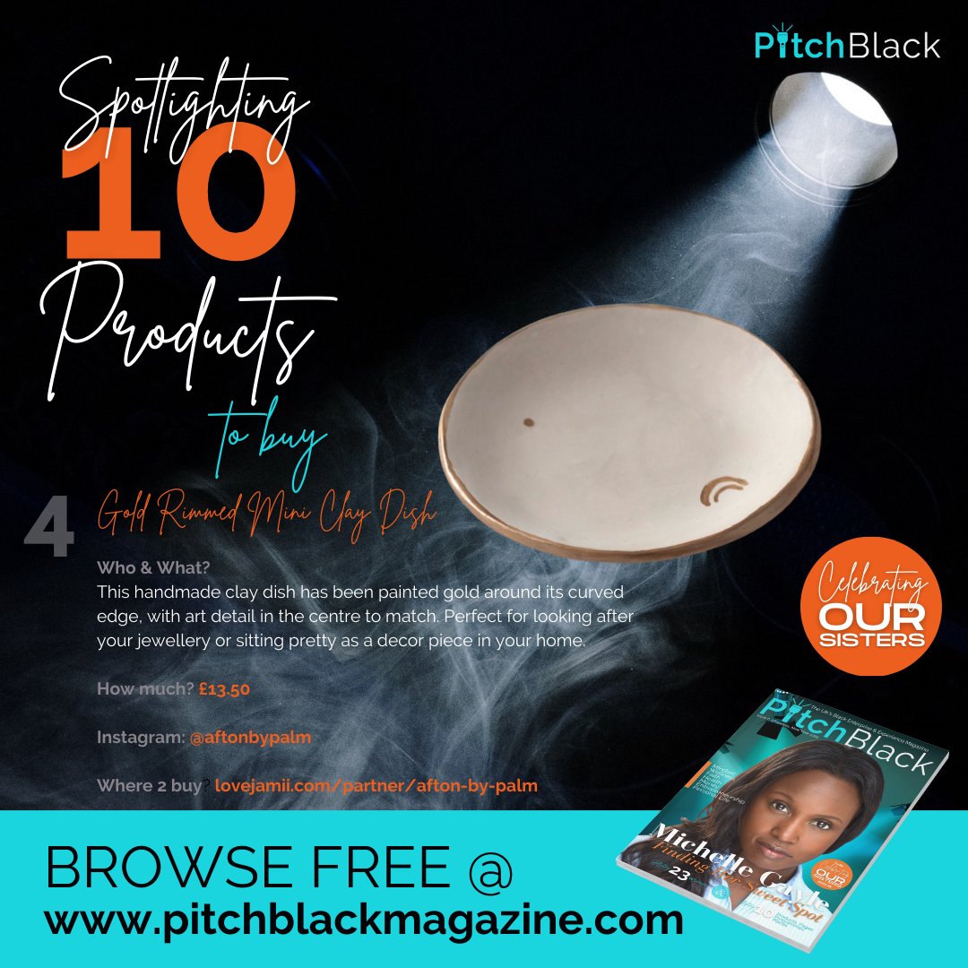 Gold Rimmed Mini Clay Dish by @aftonbypalm

This handmade clay dish has been painted gold around its curved edge, with art detail in the centre to match. 

#Browse more like this @ pitchblackmagazine.com

#BlackEnterprise #BlackEntrepreneurs #BlackExcellence #BlackProducts