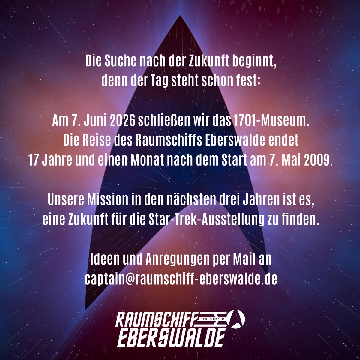 Alle Tickets für 2023 sind vergeben; wir freuen uns auf mehr als 30 Außenteams im #1701Museum. Dabei geht es nicht nur um den Besuch im #StarTrek-Universum, sondern auch um dessen langfristige Zukunft in #Eberswalde. Denn am 7. Juni 2026 wird die Reise unseres Raumschiffs enden.