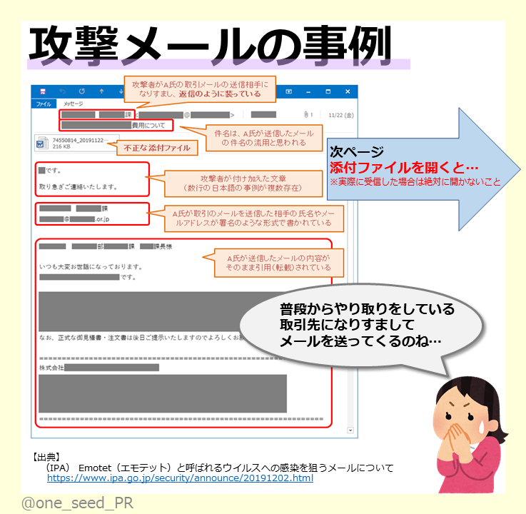 one_seed_PR's tweet photo. こんにちわんしーど🌱
とーっても怖いウイルス「Emotet」を紹介します！
みなさん、このウイルスの怖さをご存じですか？
詳細は画像をチェックしてください🥺👇
#PC #ウイルス #流行 https://t.co/khaH2BoSik