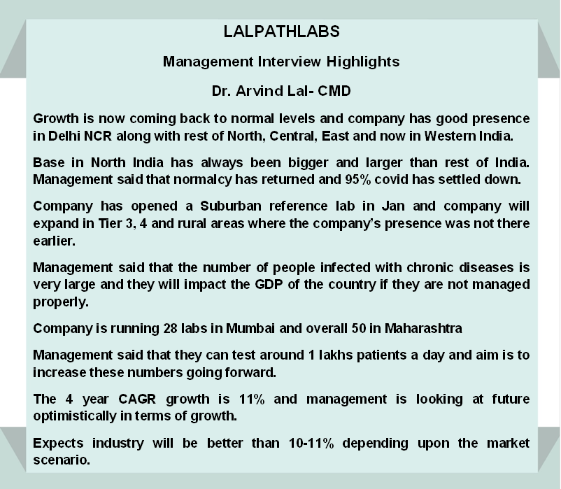 analystmohalla's tweet image. #LALPATHLABS: Management Interview Highlights
Dr. Arvind Lal- CMD