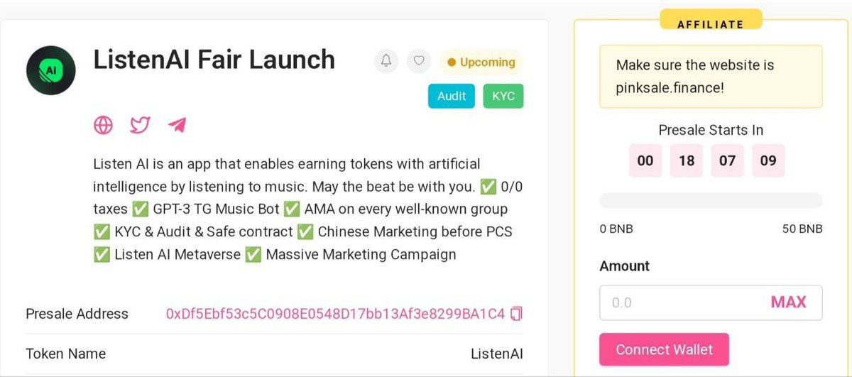 ListenAI_BSC's tweet photo. 🔊 Listen AI Fair Launch starting 28 Feb, 14:00 UTC &amp; live only for 24 hours. 

🚀 KYC 🚀 AUDIT 🚀 0 Tax

🚀 Fairlaunch: https://t.co/hmxnvmzALh    (Affiliate 5%)

✅ SoftCap: 50 BNB 
✅ Ends: 1 March 14:30 UTC
✅ Launch: 2 March 14:30 UTC
✅ LP Locked: 365 Days https://t.co/wx7XYgsMYw