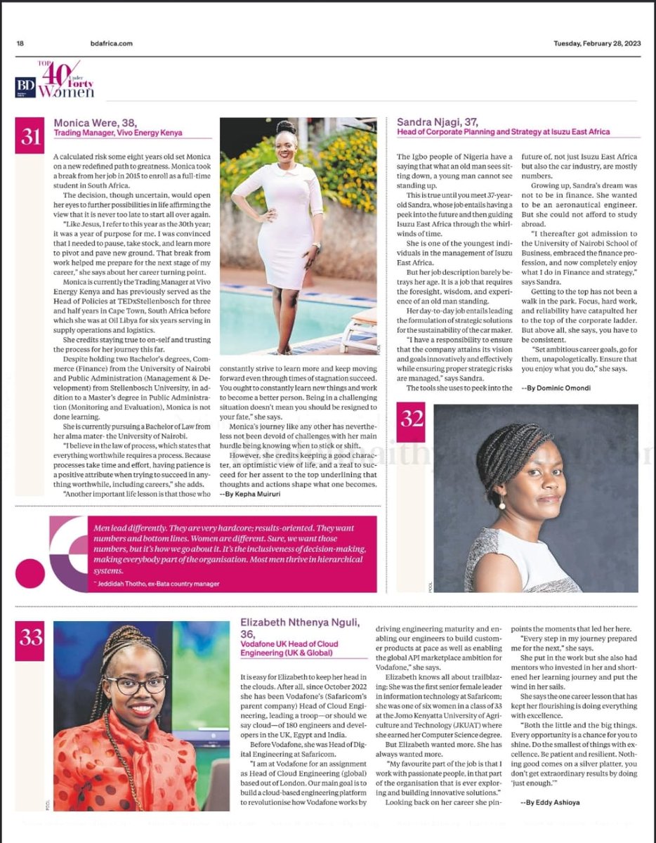 We congratulate these women for their exceptional contribution to their society. #Top40Under40KE
Top 40 Under 40 Women