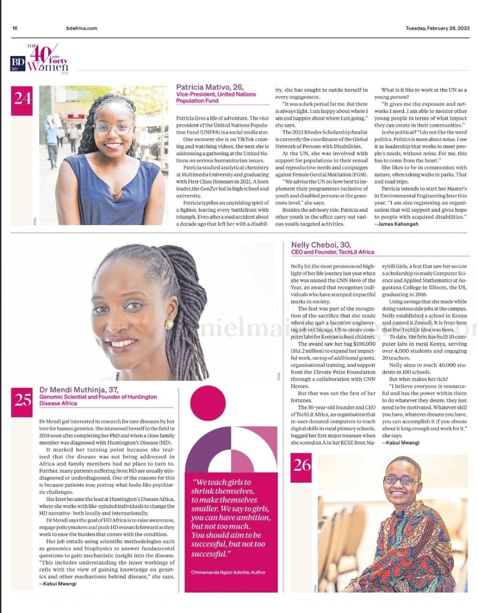 Changing your society is the best thing anyone can do. But it's only few brave ones who go that extra miles. #Top40Under40KE
Top 40 Under 40 Women